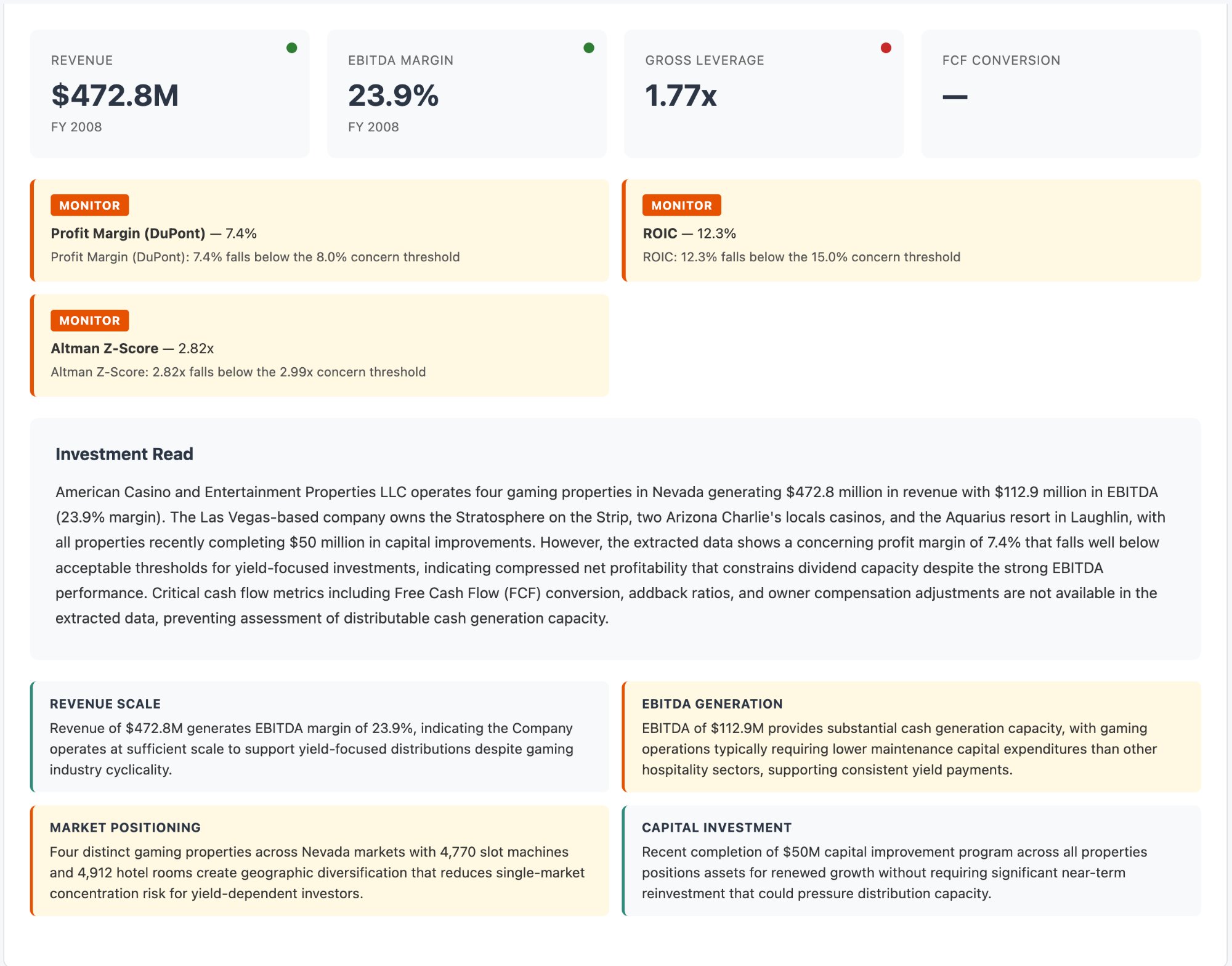Report dashboard showing KPIs, severity badges, and investment read